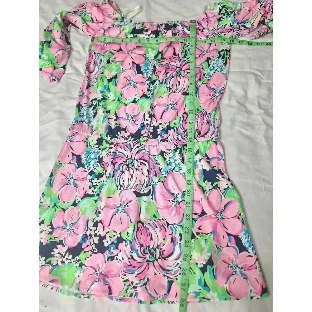 Lilly Pulitzer Donna Romper XXS Pink Green Floral Off Shoulder 3/4 Tie Sleeve - Picture 7 of 9